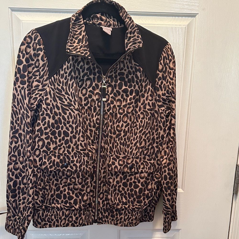 Chico's Animal Print Bomber Jacket with Black Accents
